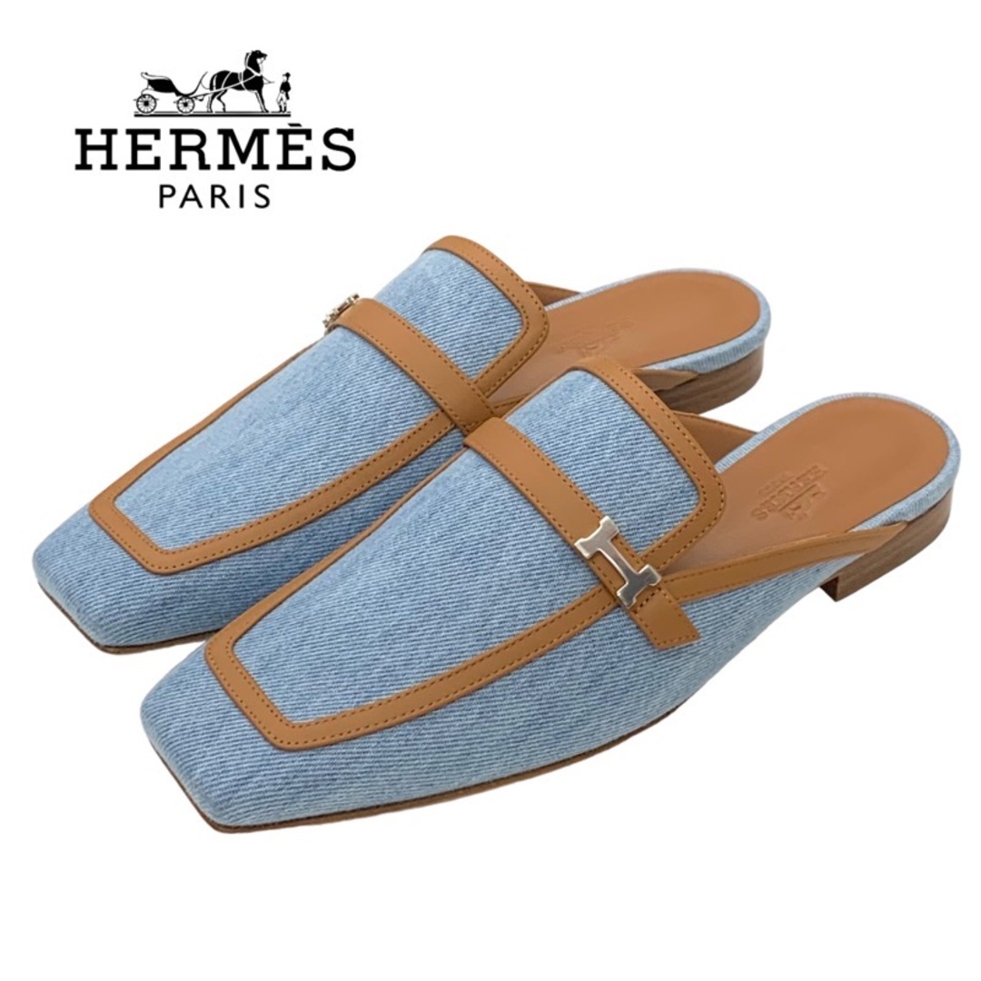 Hermes(エルメス)のエルメス グルーピー デニム レザー フラットシューズ 靴 シューズ ライトブルー レディースの靴/シューズ(ミュール)の商品写真