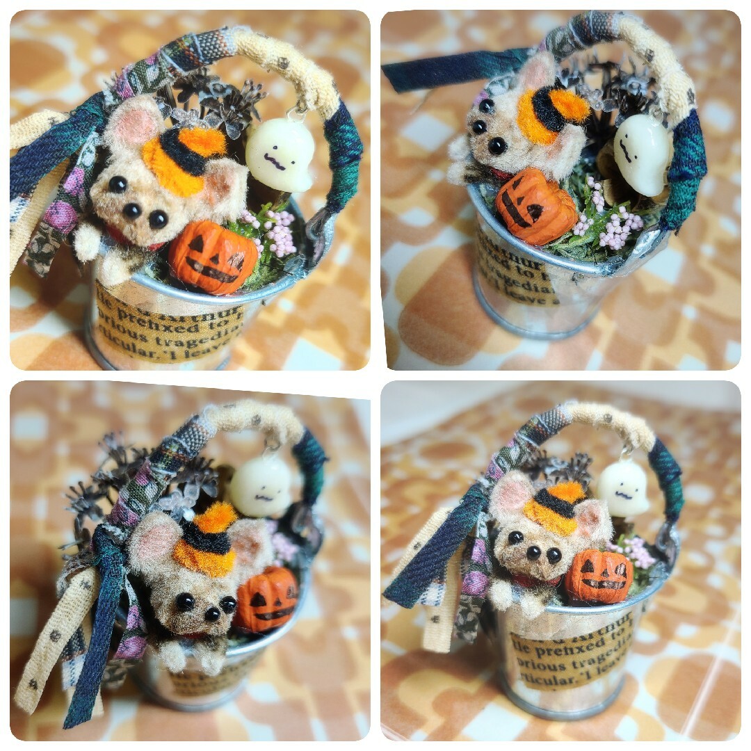 展示用　ハロウィン🎃バケツヨークシャーテリア　造花　　いぬ　犬 ハンドメイドのペット(その他)の商品写真