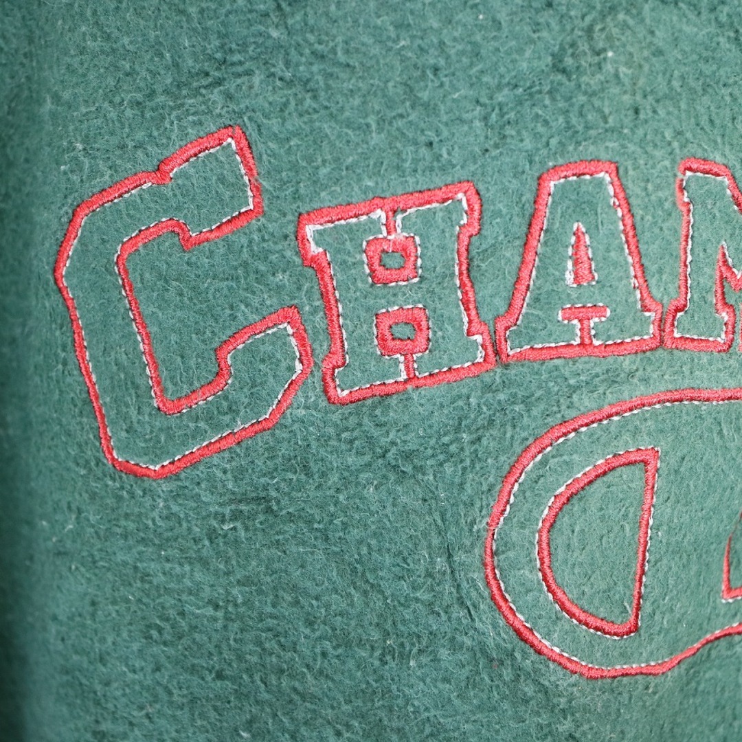 90年代 Champion チャンピオン 表起毛 刺繍ロゴ スウェット トレーナー 前V グリーン (メンズ L) 中古 古着 O3575