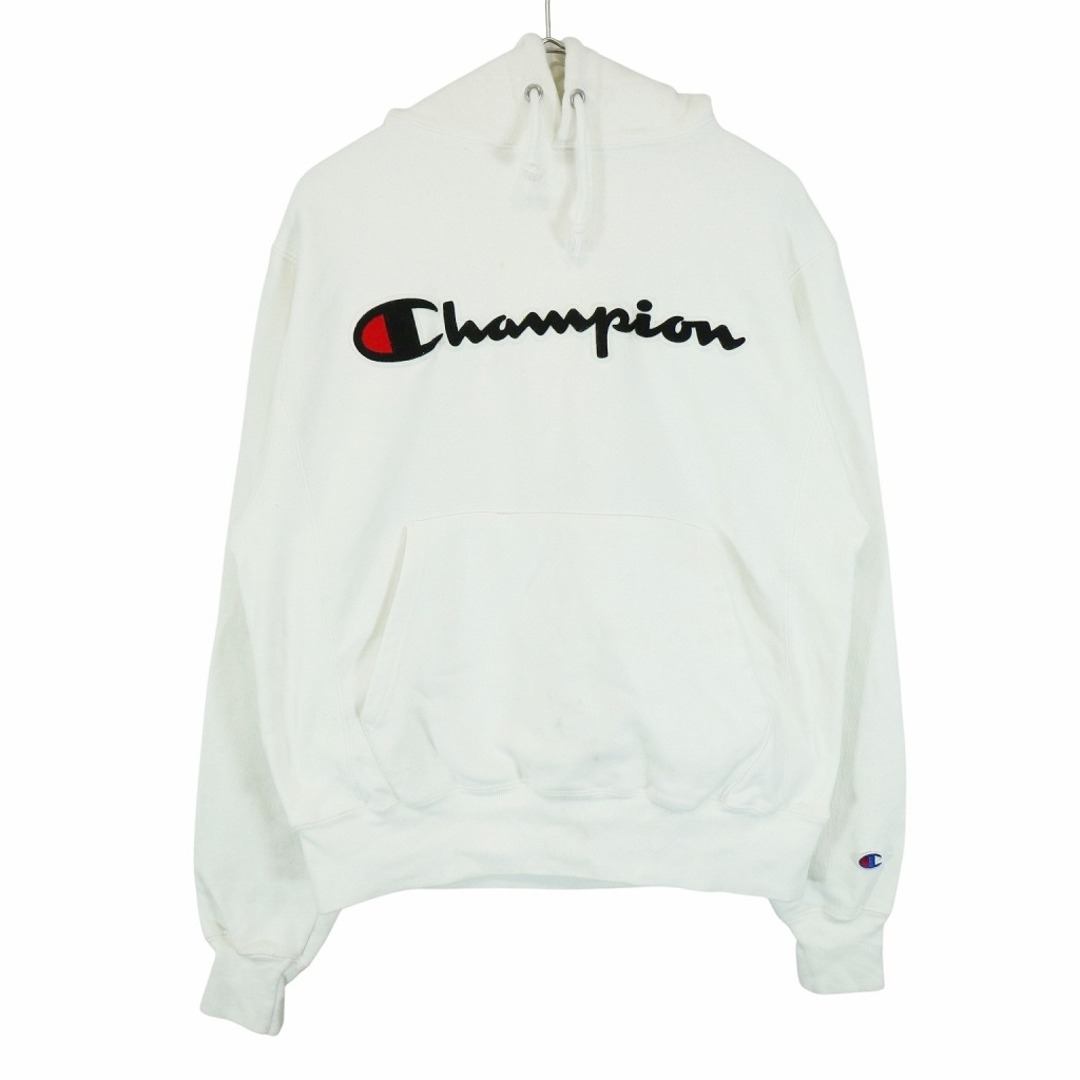 Champion(チャンピオン)のChampion チャンピオン リバースウィーブ パーカー 刺繍 ロゴプリント ホワイト (メンズ S) 中古 古着 O3632 メンズのトップス(パーカー)の商品写真