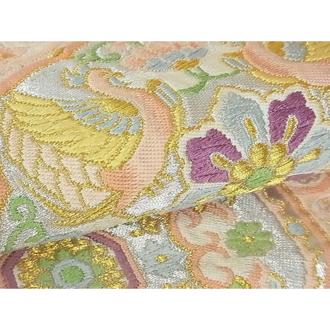 平和屋1□六通柄袋帯 唐織 向かい鳥花絵皿文 金銀糸 三越扱い 逸品