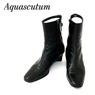 アクアスキュータム(AQUA SCUTUM)のAquascutum✨アクアスキュータム ブーツ ショート レザー 黒 ウエッジ(ブーツ)