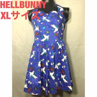 ヘルキャットパンクス(HELLCATPUNKS)のHELLBUNNY ホルターネックペガサスワンピース 青 XL 即購入OK(ミニワンピース)