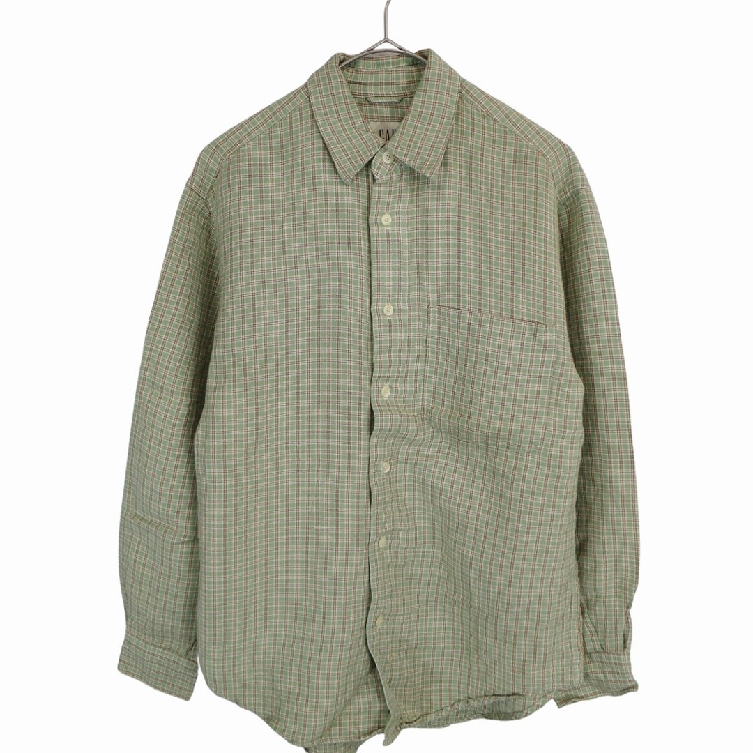 GAP(ギャップ)の90年代 GAP ギャップ チェック柄 麻混 長袖シャツ オールドギャップ 胸ポケット ライトグリーン (メンズ S) 中古 古着 O3683 メンズのトップス(シャツ)の商品写真