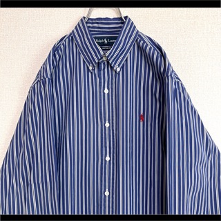 ラルフローレン ボタンダウンシャツ 長袖 ブルー ストライプ 赤ポニー刺繍 L