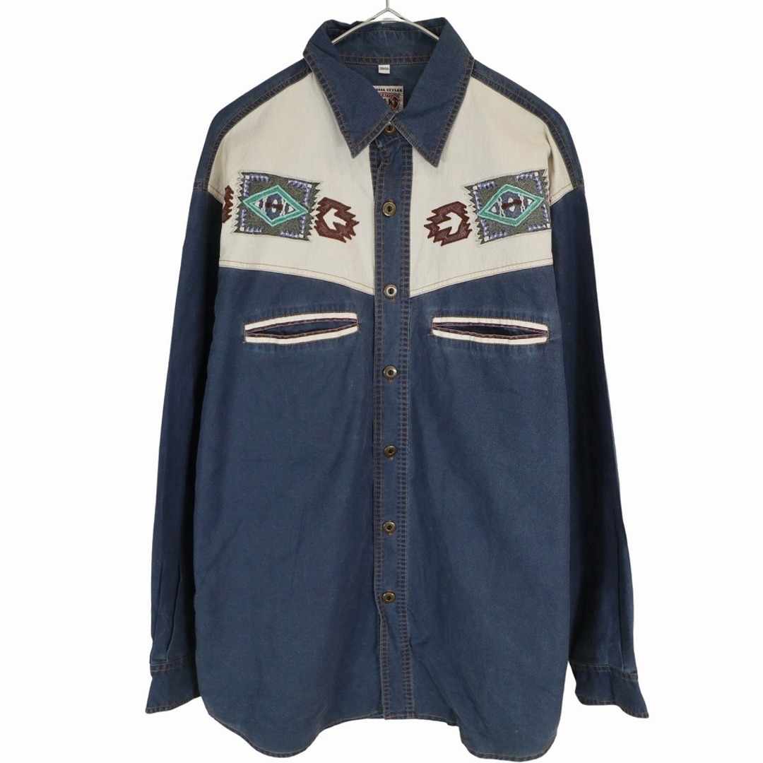 WHAK'S ネイティブ柄ウエスタン風長袖シャツ 刺繍 ラウンド ブルー (メンズ 39/40)   O3679