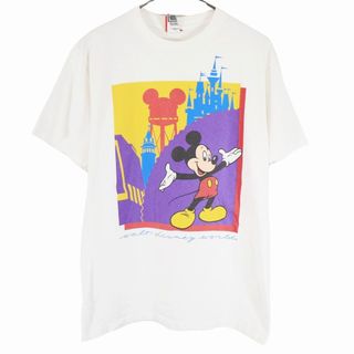 ディズニー(Disney)の90年代 USA製 Disney ディズニー ミッキーマウス プリント半袖Ｔシャツ キャラクター ホワイト (メンズ M) 中古 古着 O3824(Tシャツ/カットソー(半袖/袖なし))