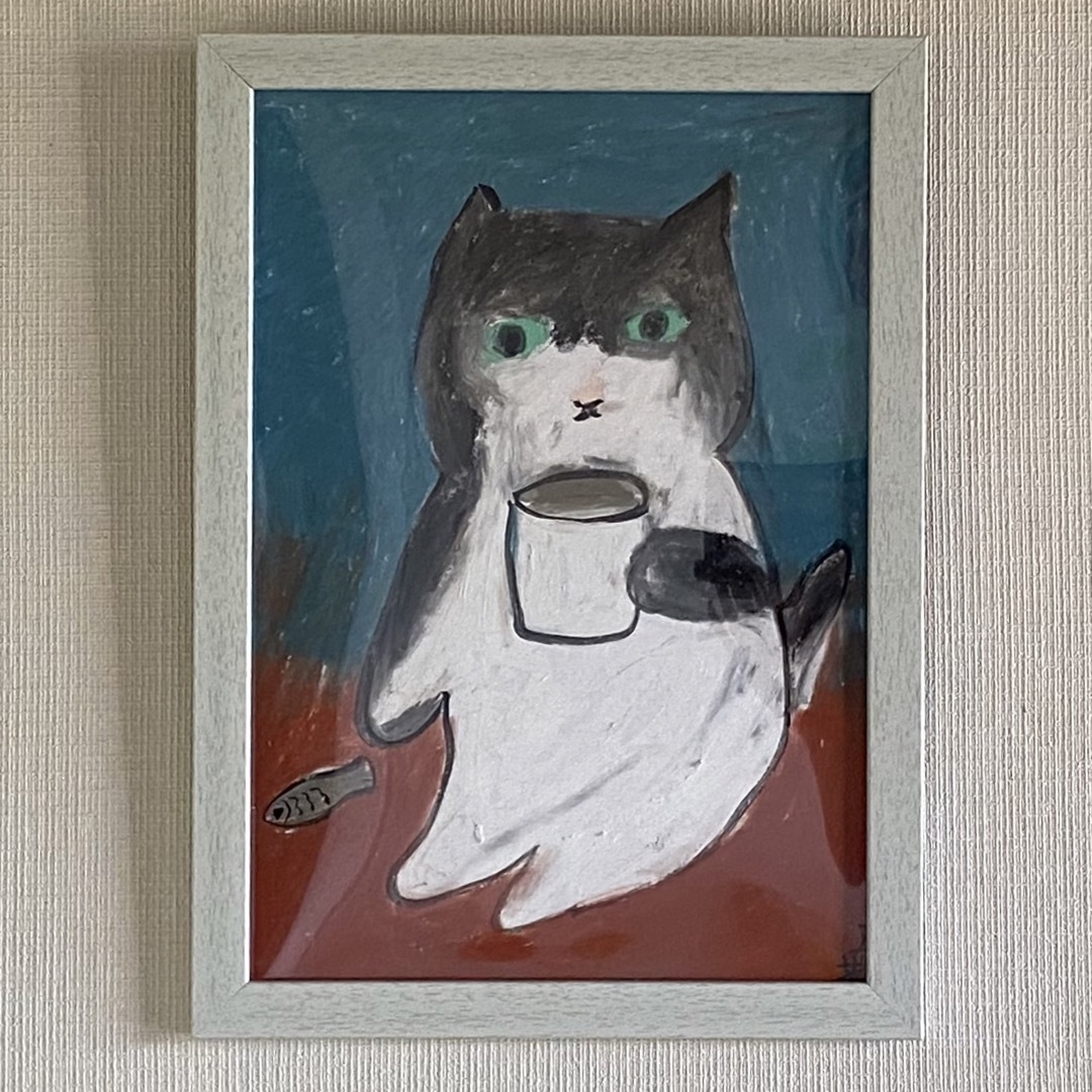 絵画。壁掛け原画【猫は楽しそうにコーヒーを1杯飲む】