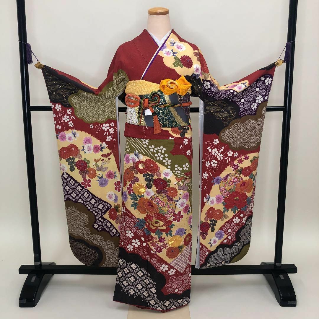 振袖6点セット☆振袖☆成人式☆着物☆裄66.5cm☆赤☆古典☆ S-101-