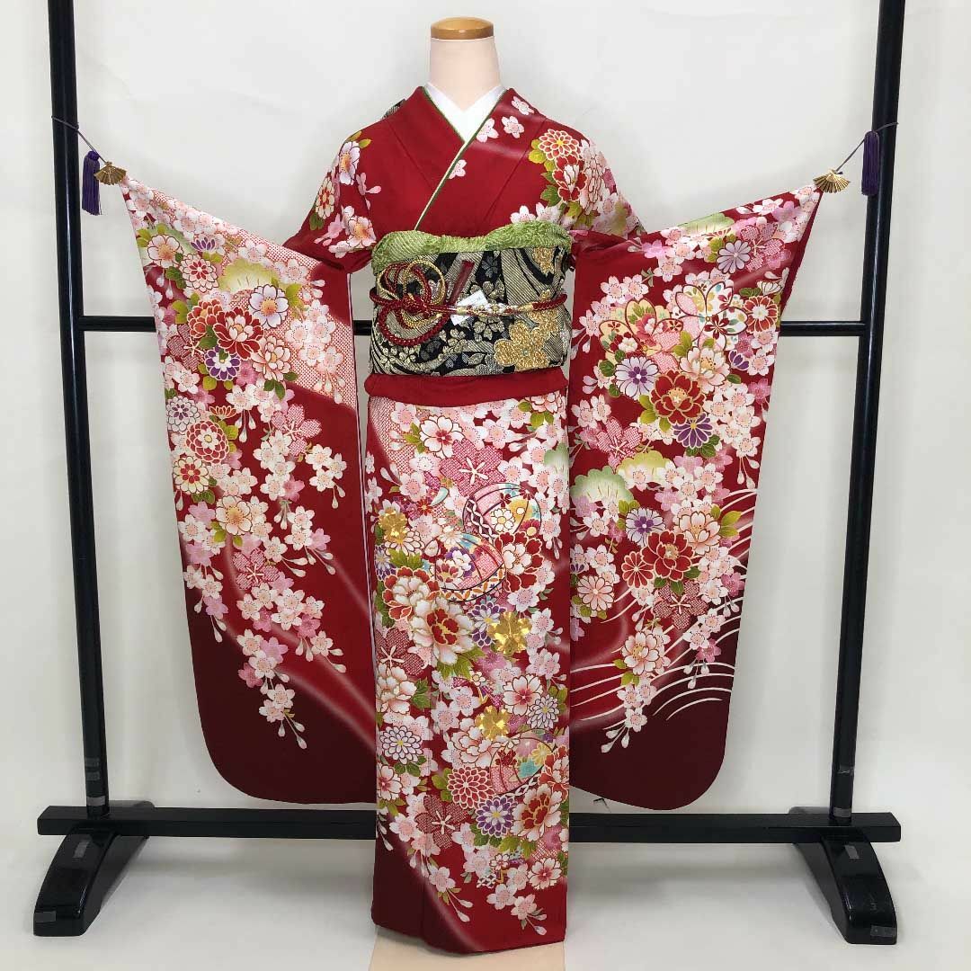 振袖6点セット☆振袖☆成人式☆着物☆裄66.5cm☆赤☆中古 S-113の通販