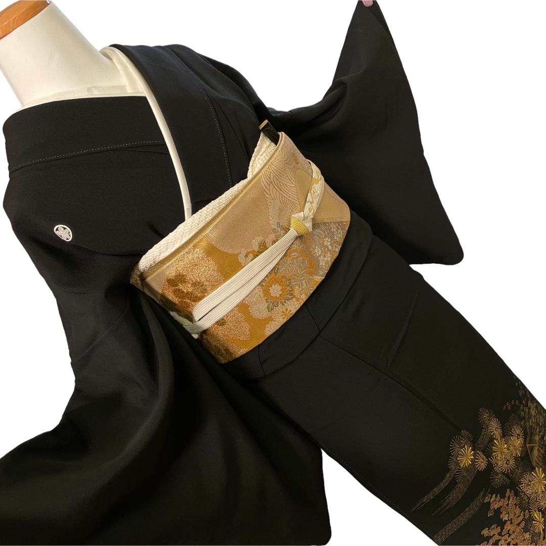 袷 正絹 黒留袖フルセット 5点 金 黒 袋帯 帯揚げ 帯締め 結婚式 和服