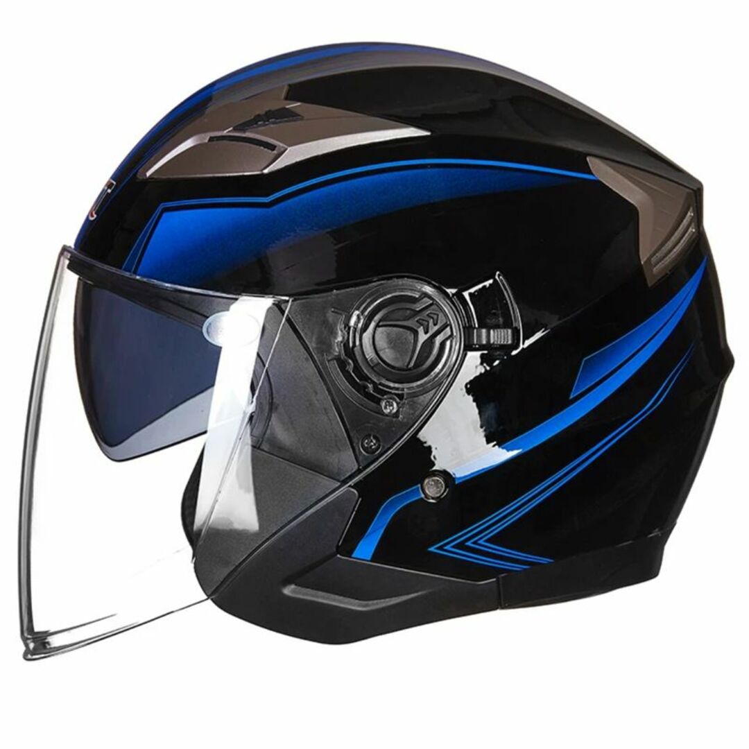 ヘルメット/シールド美品！！バイク　ジェットヘルメット　ダブルレンズ　艶有りブルー　XLサイズ