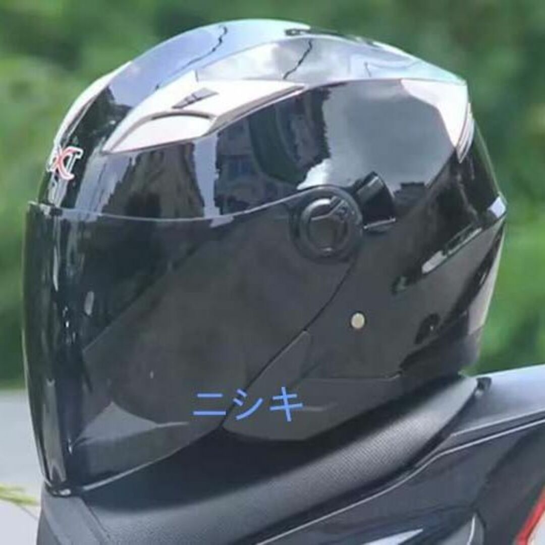 自動車/バイク美品！！バイク　ジェットヘルメット　ダブルレンズ　艶有りブラック　Mサイズ