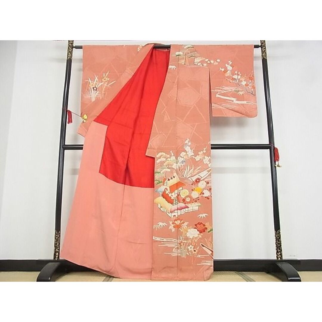 平和屋-こころ店■訪問着 駒刺繍 松竹梅流水風景文 金彩 着丈160.5cm 裄丈67cm 正絹 逸品 A-br5008