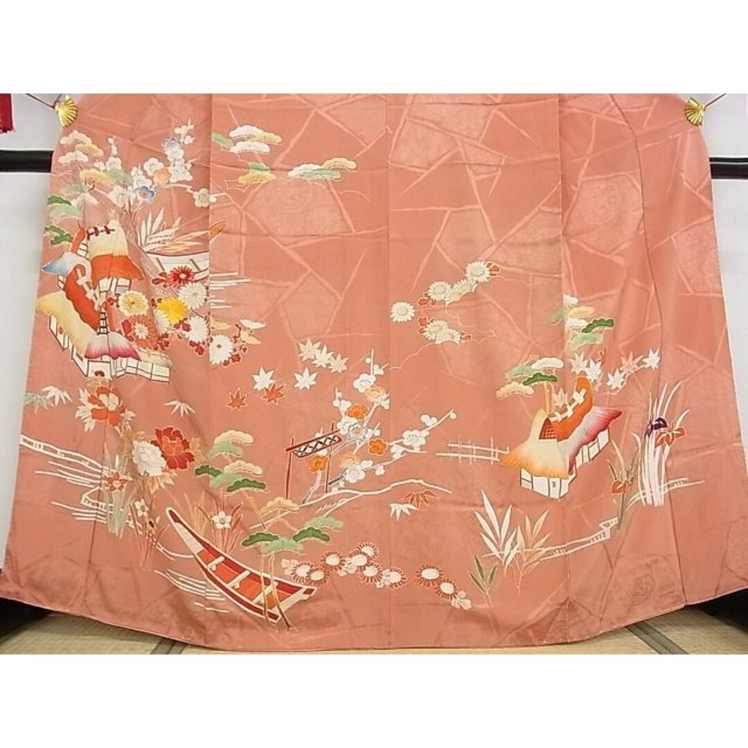平和屋-こころ店■訪問着 駒刺繍 松竹梅流水風景文 金彩 着丈160.5cm 裄丈67cm 正絹 逸品 A-br5008