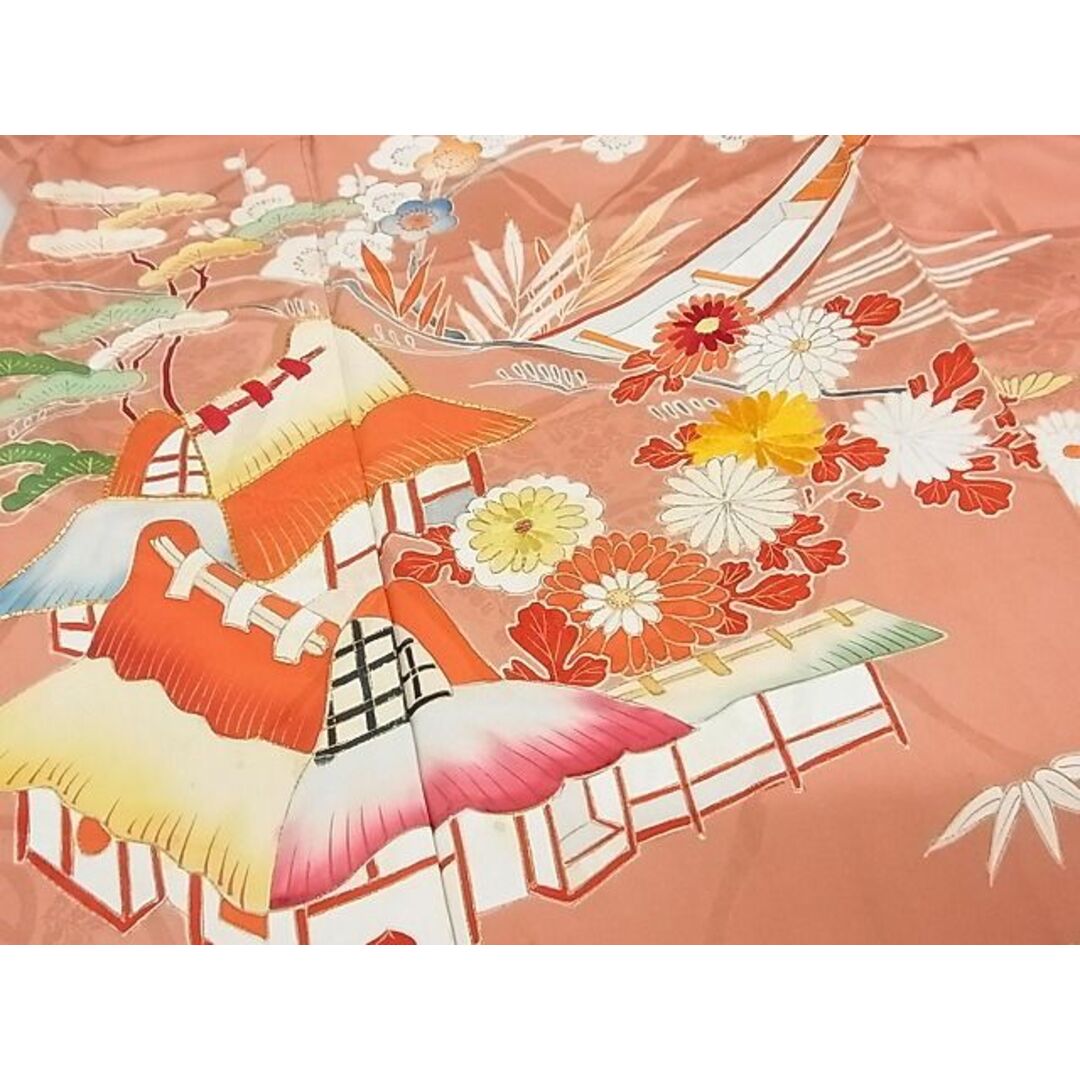 平和屋-こころ店■訪問着 駒刺繍 松竹梅流水風景文 金彩 着丈160.5cm 裄丈67cm 正絹 逸品 A-br5008