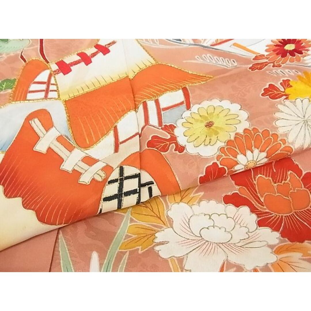 平和屋-こころ店■訪問着 駒刺繍 松竹梅流水風景文 金彩 着丈160.5cm 裄丈67cm 正絹 逸品 A-br5008
