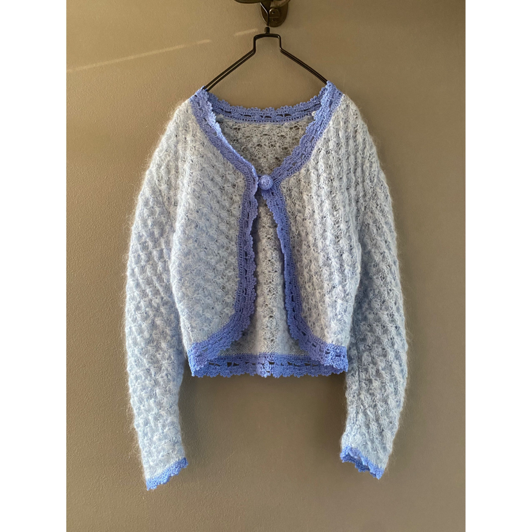 ビンテージ 70s 手編 ふわふわ 空色モヘア カーディガン ニット 希少 美品