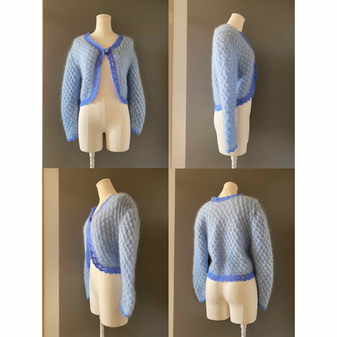ビンテージ 70s 手編 ふわふわ 空色モヘア カーディガン ニット 希少 美品