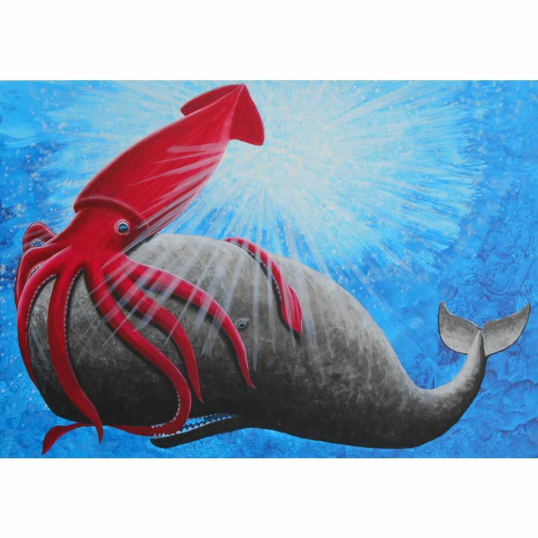 原画　ダイオウイカ対マッコウクジラ　A2イラストボード絵画/タペストリー