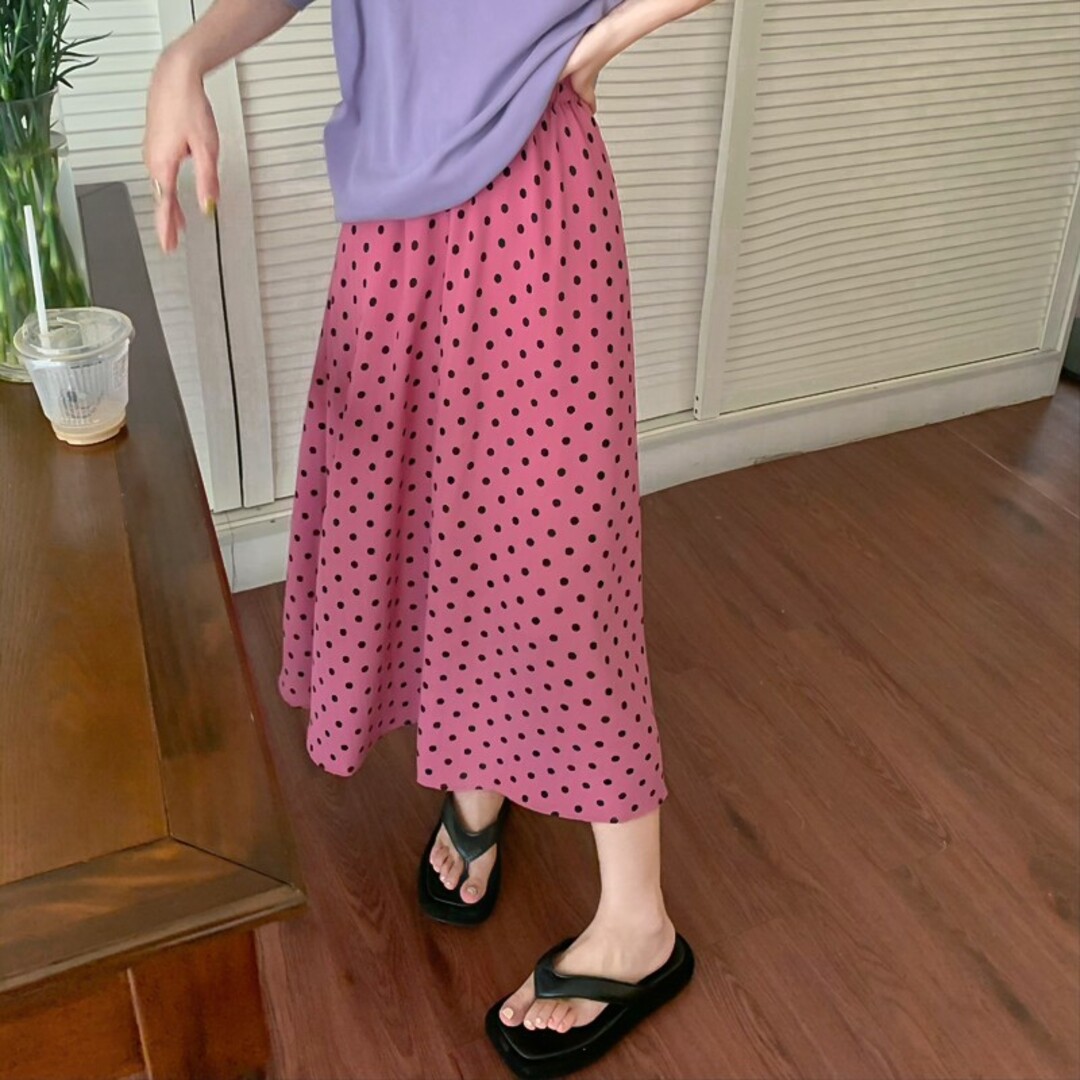 新品 ドット柄 ロング スカート 春夏服 ボトムス ピンクの通販 by Re