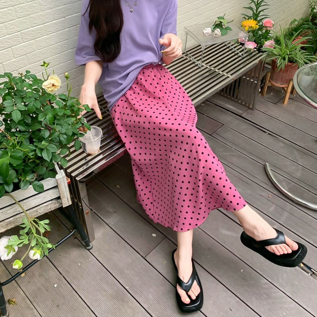 新品 ドット柄 ロング スカート 春夏服 ボトムス ピンクの通販 by Re