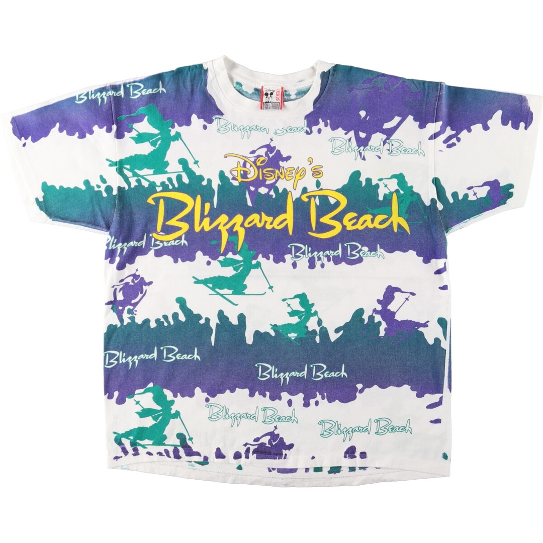 90年代 DISNEY DESIGNS BLIZZARD BEACH ブリザードビーチ 総柄 キャラクタープリントTシャツ USA製 メンズXL ヴィンテージ /eaa374585