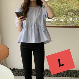 韓国 バルーン袖 五分袖 半袖 パフスリーブ ブラウス 水色〇Lサイズ〇(Tシャツ(長袖/七分))