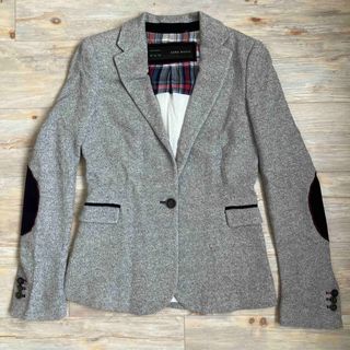 ザラ(ZARA)のザラベーシック　ニットジャケット　グレー×ギンガムチェック(テーラードジャケット)