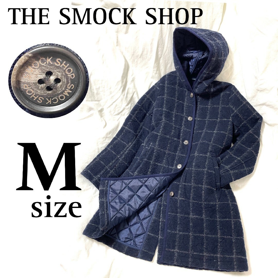 【THE SMOCK SHOP】フード付ウールキルティングコート チェック柄