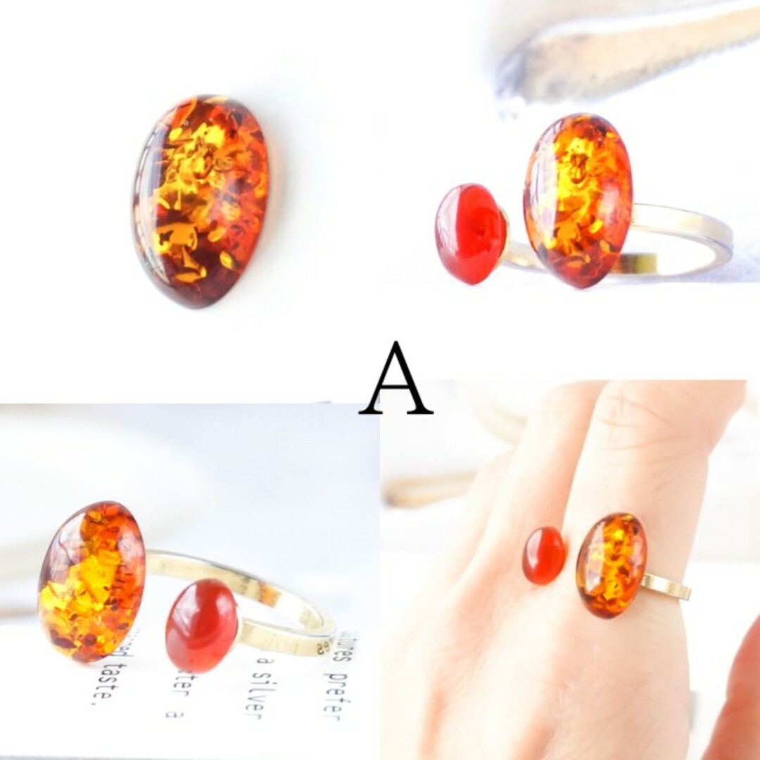 一点もの 天然石 差し色 指輪 琥珀 フォークリング フリーサイズ リング 赤 レディースのアクセサリー(リング(指輪))の商品写真