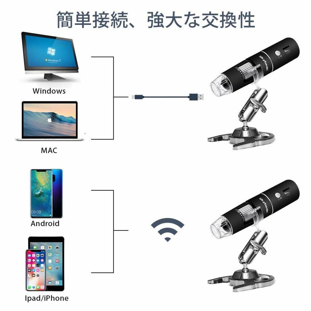 【色:黒】SKYBASIC Wifi デジタル 顕微鏡 2MP 50-1000倍