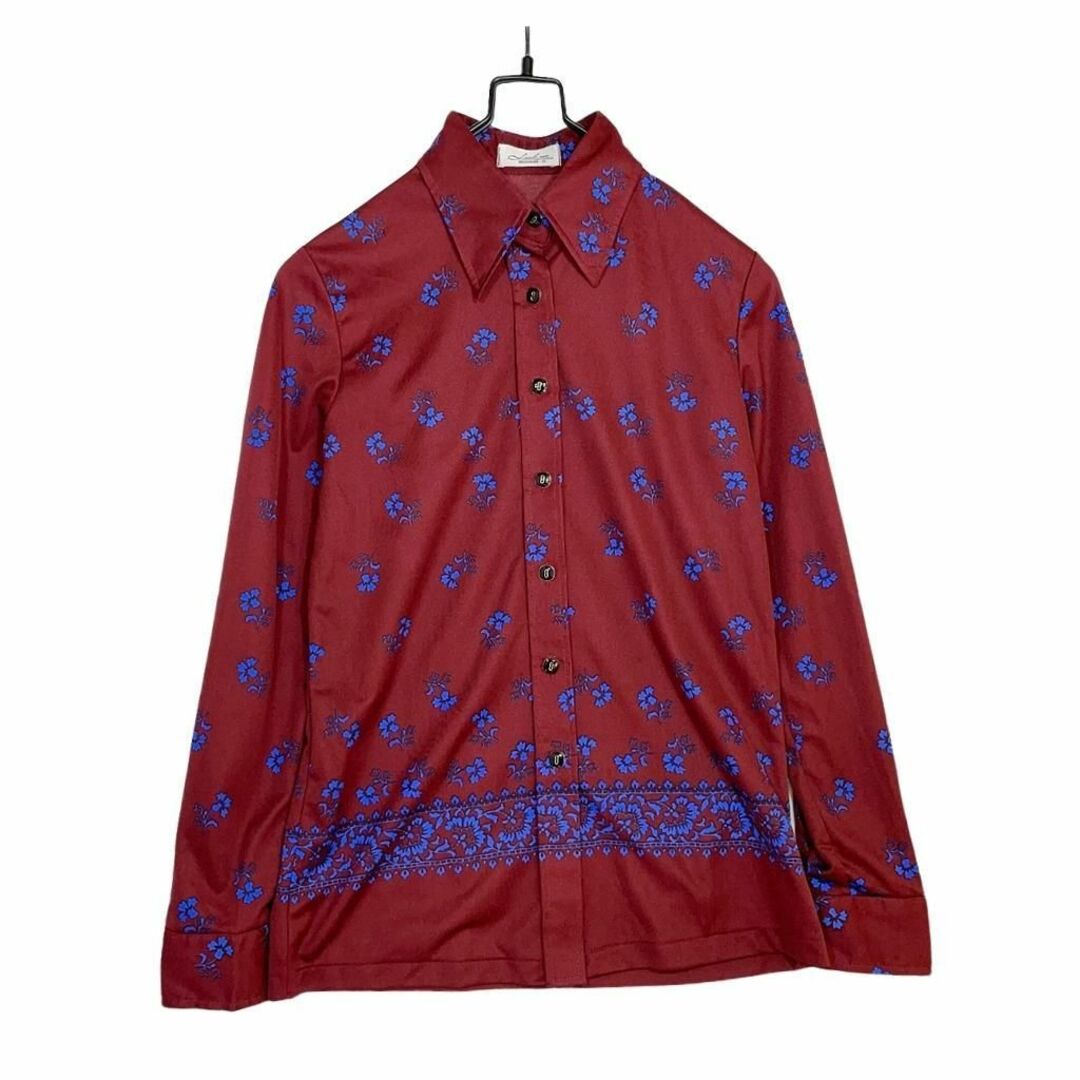 赤紫 青 70'sシャツ モダン柄 花柄  長袖ブラウスシャツ M 昭和レトロ 1