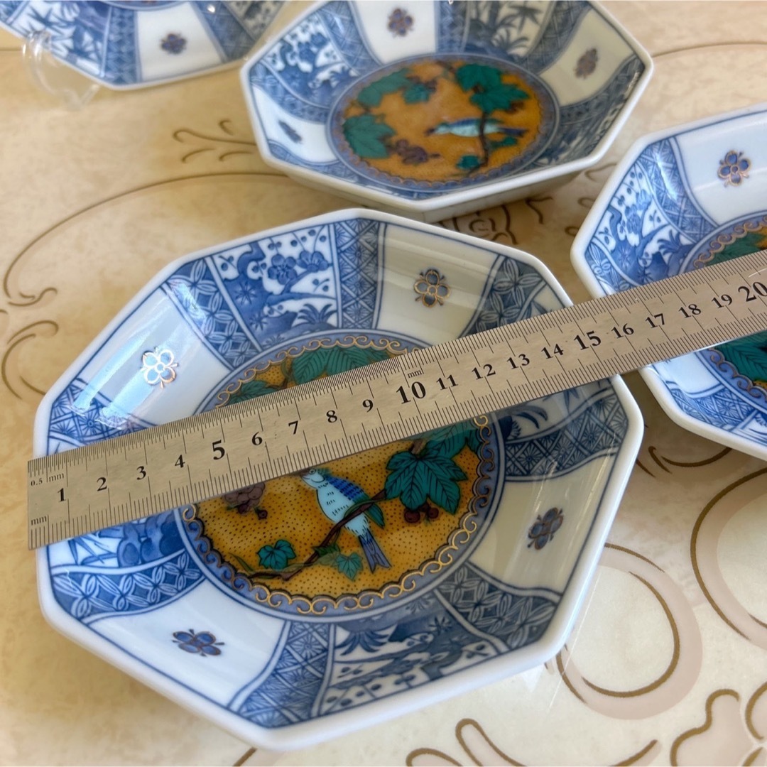 九谷焼 青郊窯 中皿揃 5枚セット 八角皿 染付花鳥 深皿 取り皿 和食器