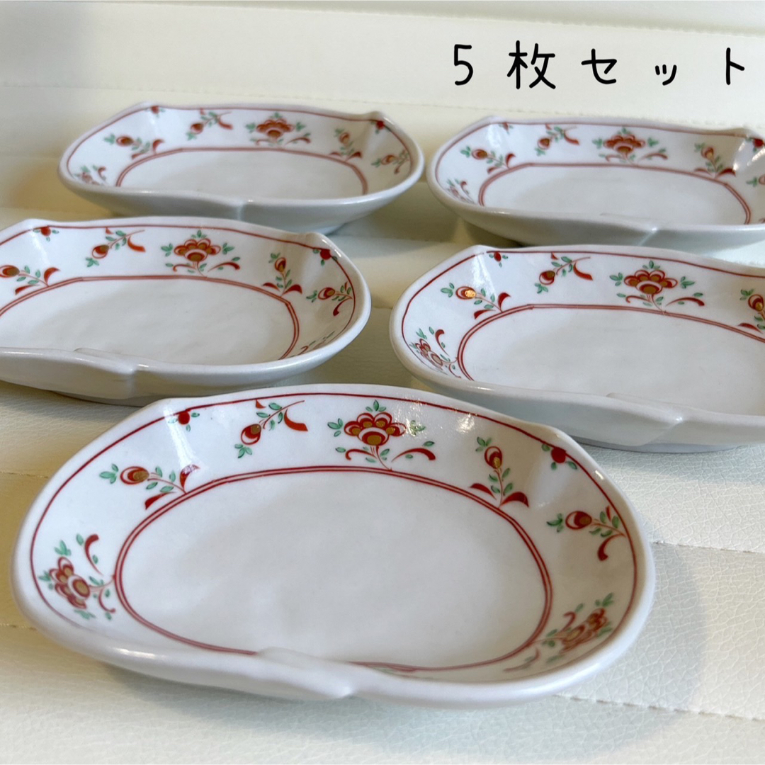 たち吉　赤絵花文　楕円皿揃　5枚セット　小皿　豆皿　金彩　和食器　銘々皿