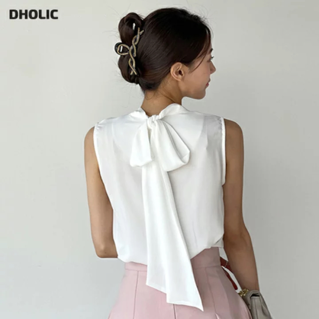 dholic(ディーホリック)のDHOLIC ♡ リボンギャザーノースリーブ ホワイト レディースのトップス(シャツ/ブラウス(半袖/袖なし))の商品写真