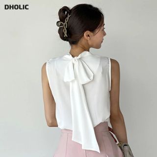 ディーホリック(dholic)のDHOLIC ♡ リボンギャザーノースリーブ ホワイト(シャツ/ブラウス(半袖/袖なし))