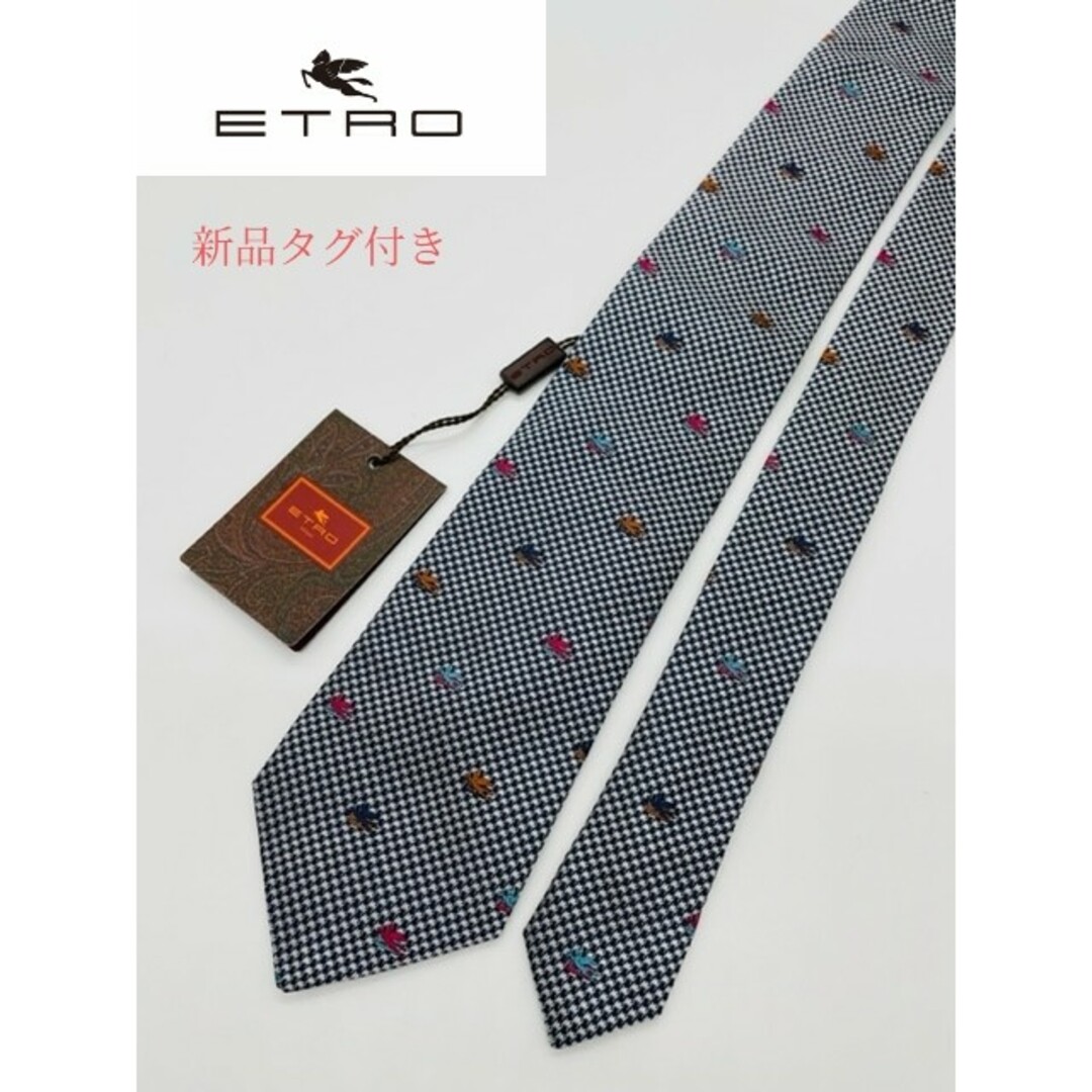 【ETRO】☆希少★ 新品タグ付き 天馬ペガソロゴ入り千鳥格子ネクタイ メンズ