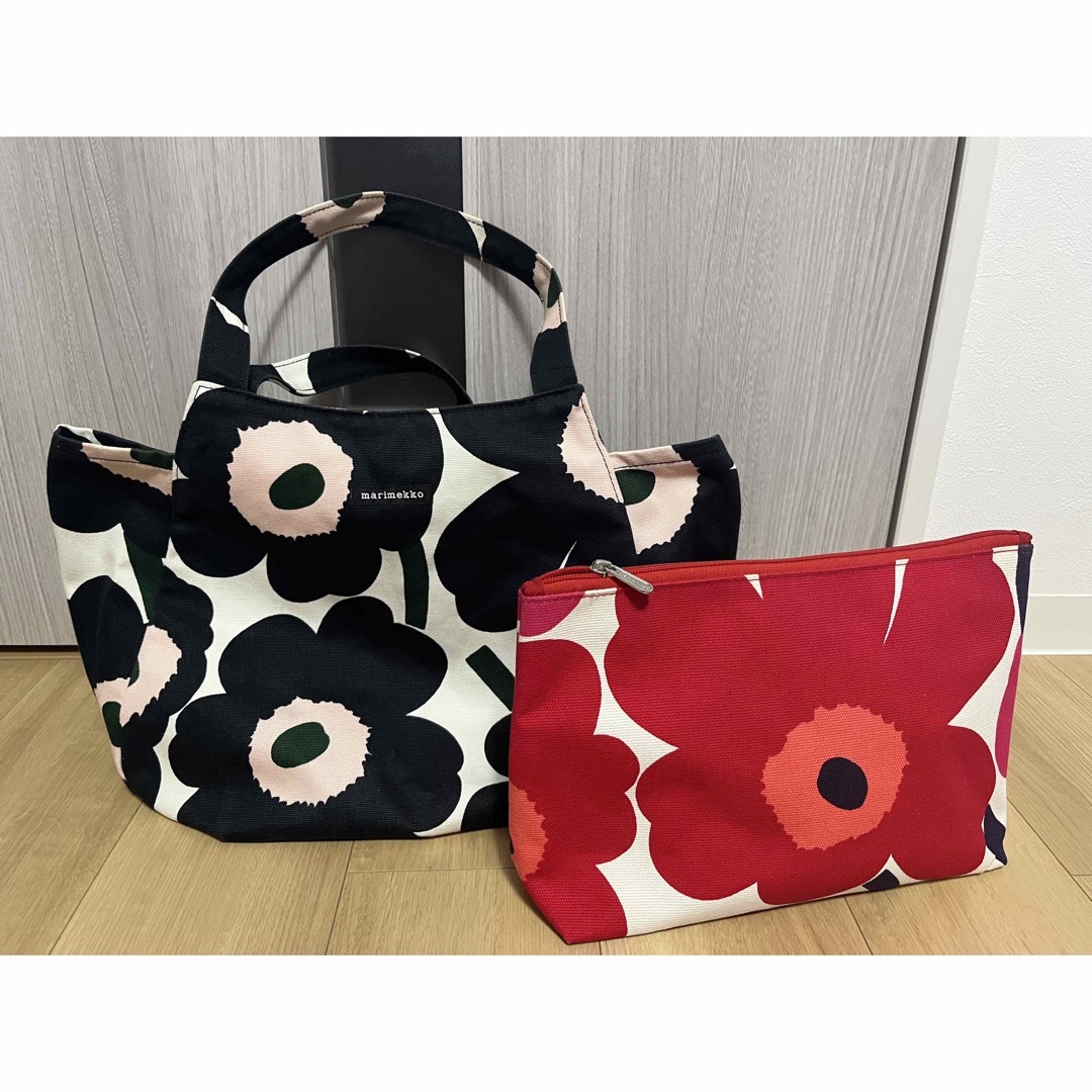 トートバッグ & マチありポーチ　ウニッコ ホワイト×レッド　marimekko