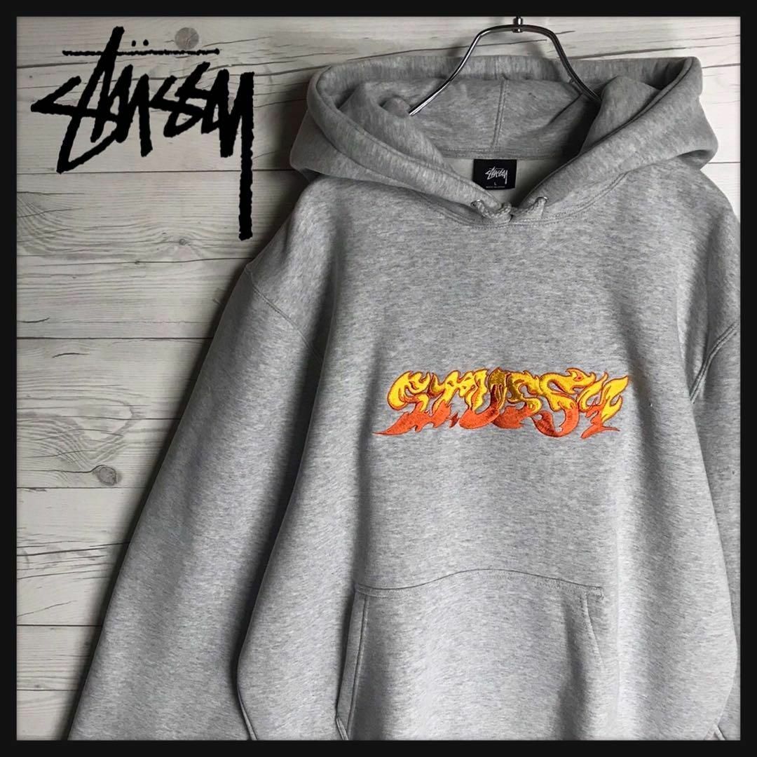 【超人気モデル】STUSSY 刺繍ロゴ ファイヤー 入手困難 即完売パーカー