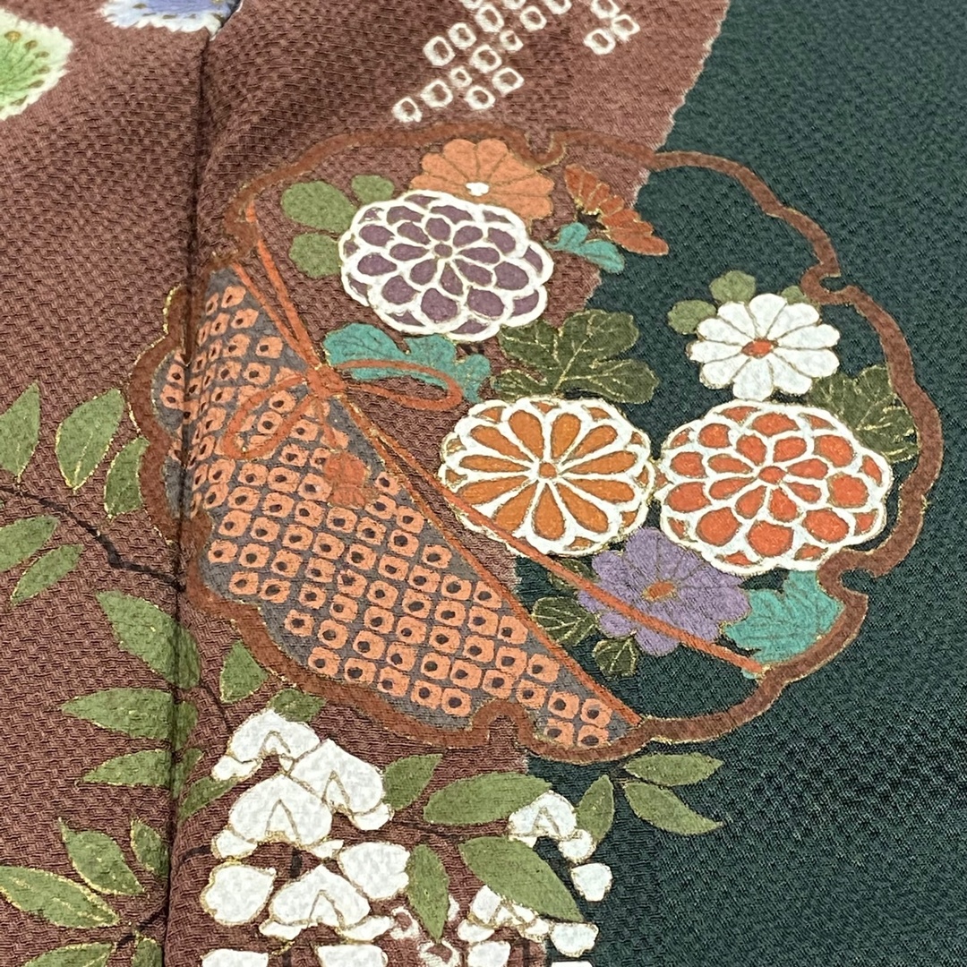 美品 付け下げ 相良刺繍 茶色 扇 吉祥花 お洒落 身丈162cm 裄丈65cm