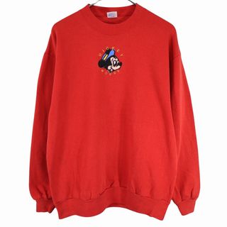 90年代 USA製 JERZEES ジャージーズ MICKEY MOUSE ミッキーマウス スウェット 刺繍 キャラクター 丸首 レッド (メンズ L) 中古 古着 O3884(スウェット)