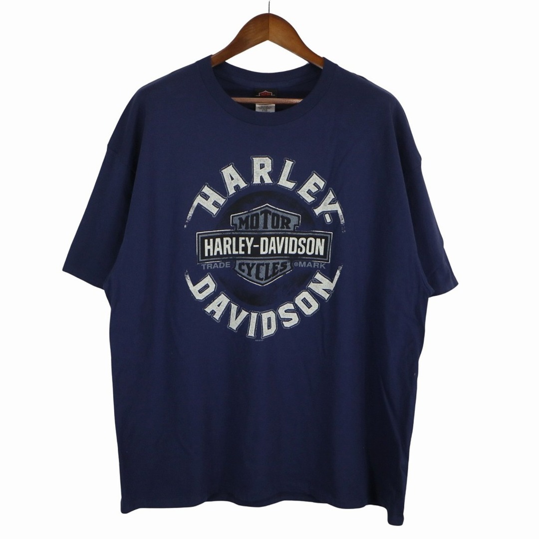 Harley Davidson(ハーレーダビッドソン)のHARLEY DAVIDSON ハーレーダビッドソン ロゴプリント半袖Ｔシャツ 大きいサイズ 丸首 バイク ネイビー (メンズ 2XL) 中古 古着 O4016 メンズのトップス(Tシャツ/カットソー(半袖/袖なし))の商品写真