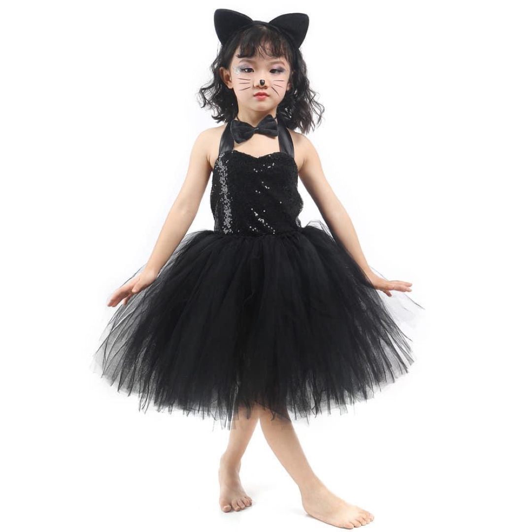 【大人気】 90 ハロウィン 黒猫 コスチューム 4点セット 猫耳カチューシャ キッズ/ベビー/マタニティのキッズ服女の子用(90cm~)(ワンピース)の商品写真