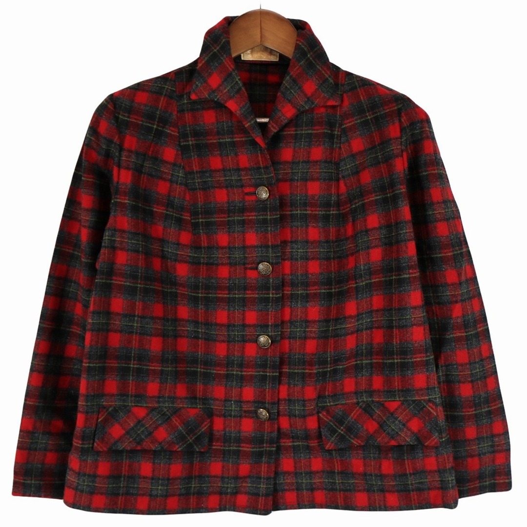 PENDLETON(ペンドルトン)の50年代 PENDLETON ペンドルトン 長袖シャツ 開襟 ウール100% チェック柄 レッド (レディース M相当) 中古 古着 O4468 レディースのトップス(シャツ/ブラウス(長袖/七分))の商品写真