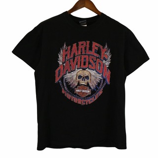 ハーレーダビッドソン(Harley Davidson)のHARLEY DAVIDSON ハーレーダビッドソン ロゴプリント 半袖Ｔシャツ バイカー 骸骨 ブラック (メンズ L) 中古 古着 O4638(Tシャツ/カットソー(半袖/袖なし))