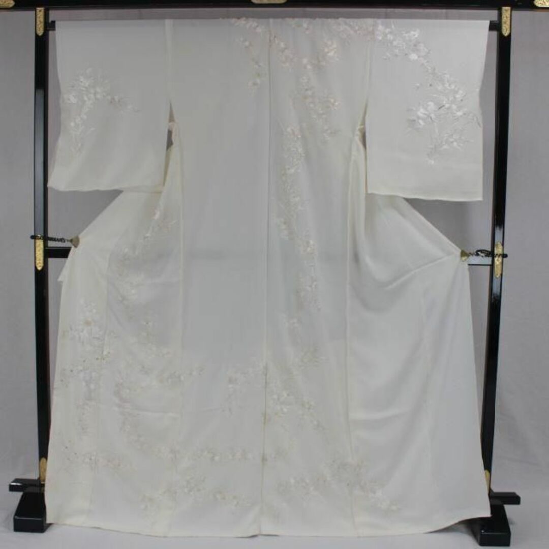 AC6259　誂仕立付訪問着　総蘇州手刺繍　真珠色草花柄花文字 レディースの水着/浴衣(着物)の商品写真