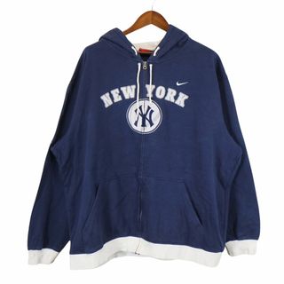 ナイキ(NIKE)のNIKE ナイキ MLB ニューヨーク・ヤンキース パーカー 大きいサイズ ジップアップ ネイビー (メンズ XXL) 中古 古着 O4687(パーカー)