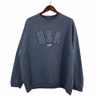 Croft＆barrow USA アメリカ国旗 スウェット 刺繍 ブルー (メンズ L) 中古 古着 O4678(スウェット)