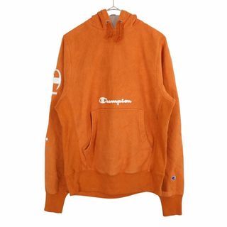 チャンピオン(Champion)のChampion チャンピオン リバースウィーブ ロゴプリント パーカー 袖プリント オレンジ (メンズ L) 中古 古着 O2995(パーカー)